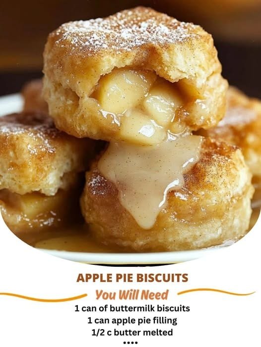 1. Preheat Your Oven Preheat your oven to 375°F (190°C) . Line a baking sheet with parchment paper or lightly grease it for easy cleanup. 2. Prepare the Biscuits Separate the buttermilk biscuits and press each one gently to flatten slightly. This helps the biscuits cook evenly and makes room for the apple filling. 3. Add the Apple Filling Spoon about 1–2 tablespoons of apple pie filling onto the center of each flattened biscuit. Be careful not to overfill, as the apples may spill during baking. Pro Tip: If you prefer a lighter sweetness, use less apple filling per biscuit. 4. Bake Until Golden Place the filled biscuits on the prepared baking sheet, spacing them about 1 inch apart. Bake in the preheated oven for 12–15 minutes , or until the biscuits are golden brown and puffed. 5. Make the Glaze While the biscuits bake, prepare the glaze by mixing the melted butter, brown sugar, cinnamon, nutmeg, and vanilla extract in a small bowl. Stir until smooth and well combined. Optional : Thin the glaze with a splash of milk if it feels too thick. 6. Drizzle the Glaze Once the biscuits are out of the oven, let them cool for 5 minutes. Then, generously drizzle the cinnamon-sugar glaze over the top of each biscuit, allowing it to drip down the sides for added flair. 7. Serve and Enjoy Serve the apple pie biscuits warm for maximum gooeyness and flavor. Pair with a scoop of vanilla ice cream or whipped cream for extra indulgence. Tips for Success Use High-Quality Apple Filling : Opt for premium canned apple pie filling or make your own for fresher flavor. Don’t Overfill the Biscuits : Keep the apple portion moderate to prevent leaks during baking. Make It Ahead : Prepare the biscuits up to a day in advance and reheat before serving. Experiment with Toppings : Sprinkle crushed pecans or drizzle caramel sauce over the glaze for added crunch and sweetness. Conclusion These Apple Pie Biscuits are more than just dessert—they’re a slice of comfort wrapped in a flaky biscuit. With their gooey apple centers, crispy exteriors, and fragrant cinnamon glaze, they’re guaranteed to become a favorite in your household. So gather your ingredients, roll up your sleeves, and get ready to savor this delightful creation! Don’t forget to share your results with us in the comments below—we’d love to see how they turned out. If you enjoyed this recipe, check out our other articles for more dessert inspiration and easy baking ideas. Happy baking, and remember—life’s too short not to enjoy something sweet now and then! 🍴✨